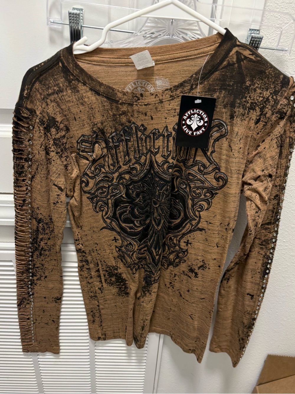 Affliction Brown Distressed Long Sleeve Graphic Tee with Studded Sleeves